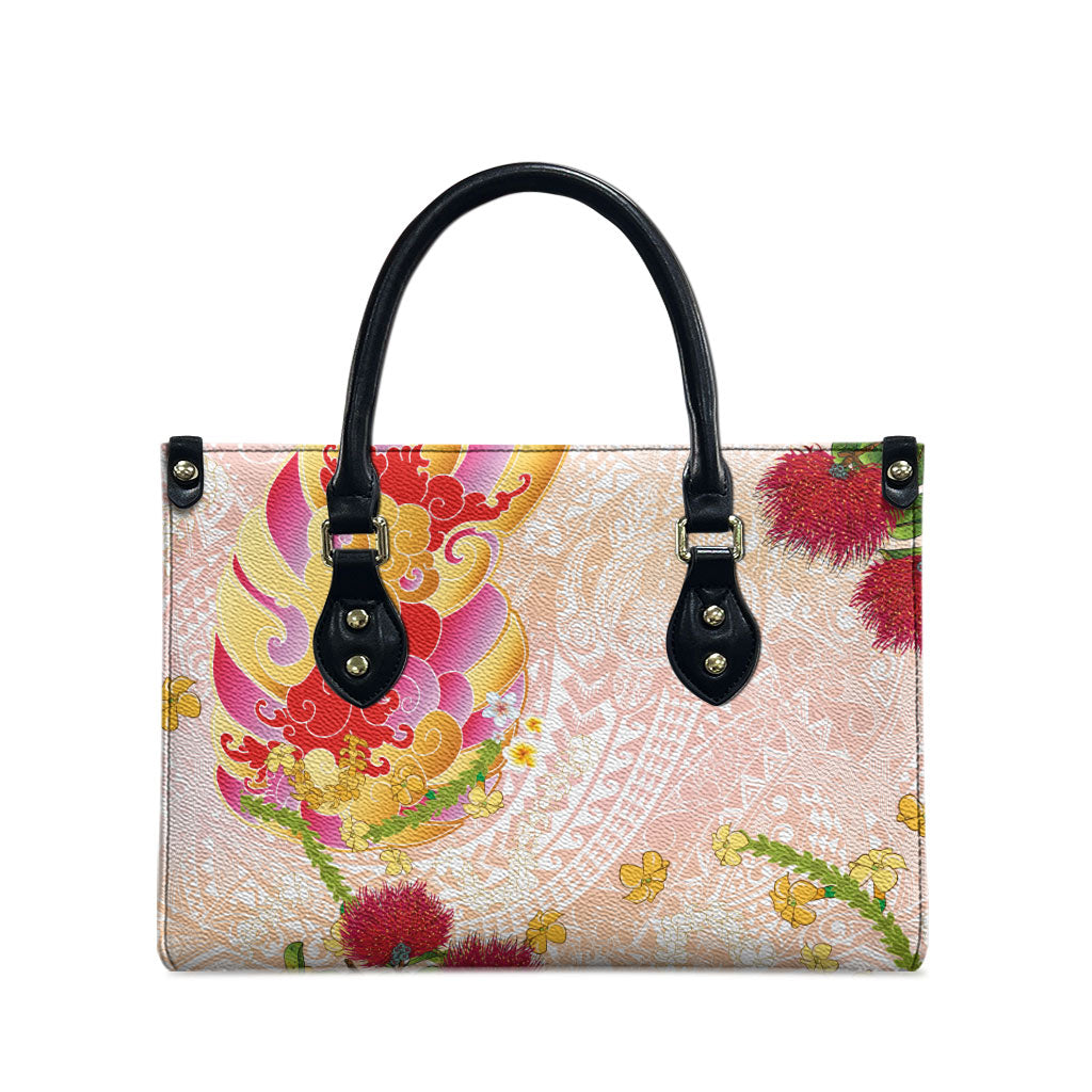 Japanese and Hawaiian Culture Fusion Leather Bag Irezumi with Turtles and Lei Kakau Pattern Sunset Vibe