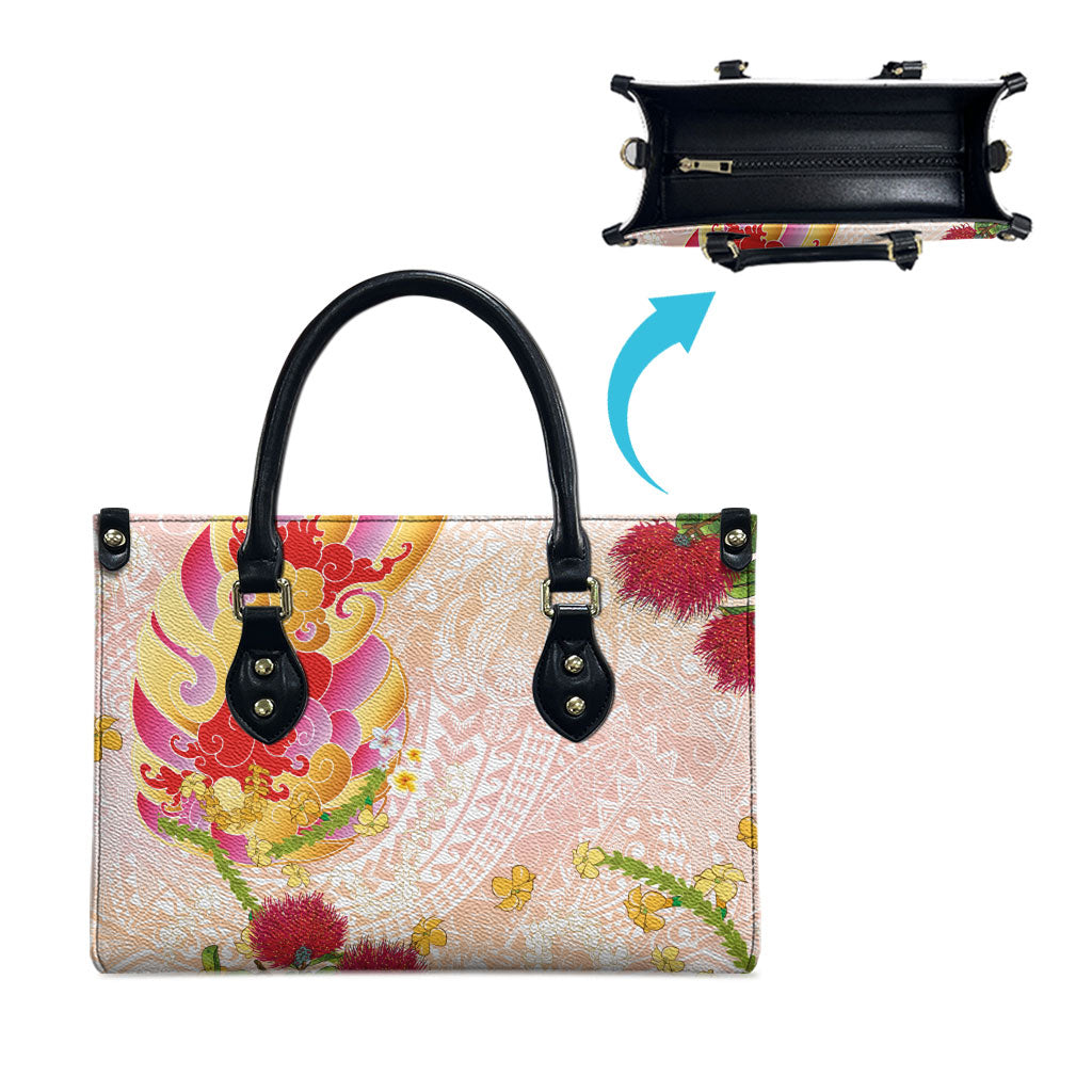 Japanese and Hawaiian Culture Fusion Leather Bag Irezumi with Turtles and Lei Kakau Pattern Sunset Vibe