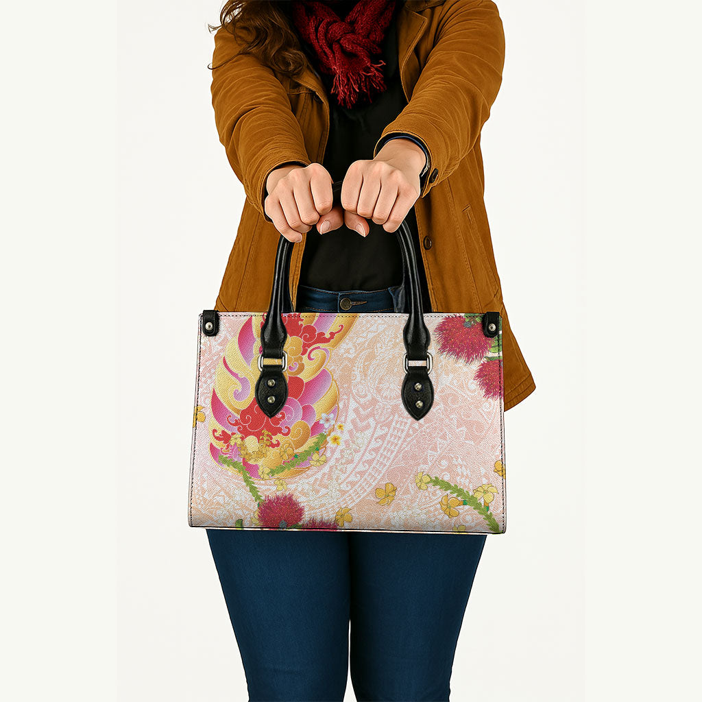 Japanese and Hawaiian Culture Fusion Leather Bag Irezumi with Turtles and Lei Kakau Pattern Sunset Vibe