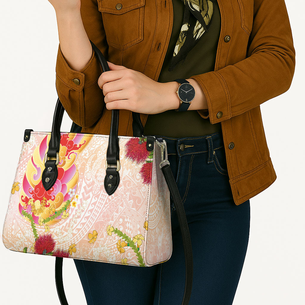 Japanese and Hawaiian Culture Fusion Leather Bag Irezumi with Turtles and Lei Kakau Pattern Sunset Vibe