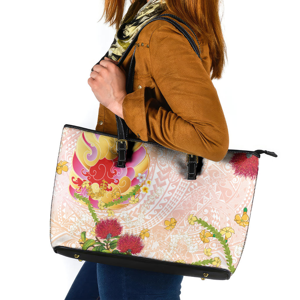 Japanese and Hawaiian Culture Fusion Leather Tote Bag Irezumi with Turtles and Lei Kakau Pattern Sunset Vibe