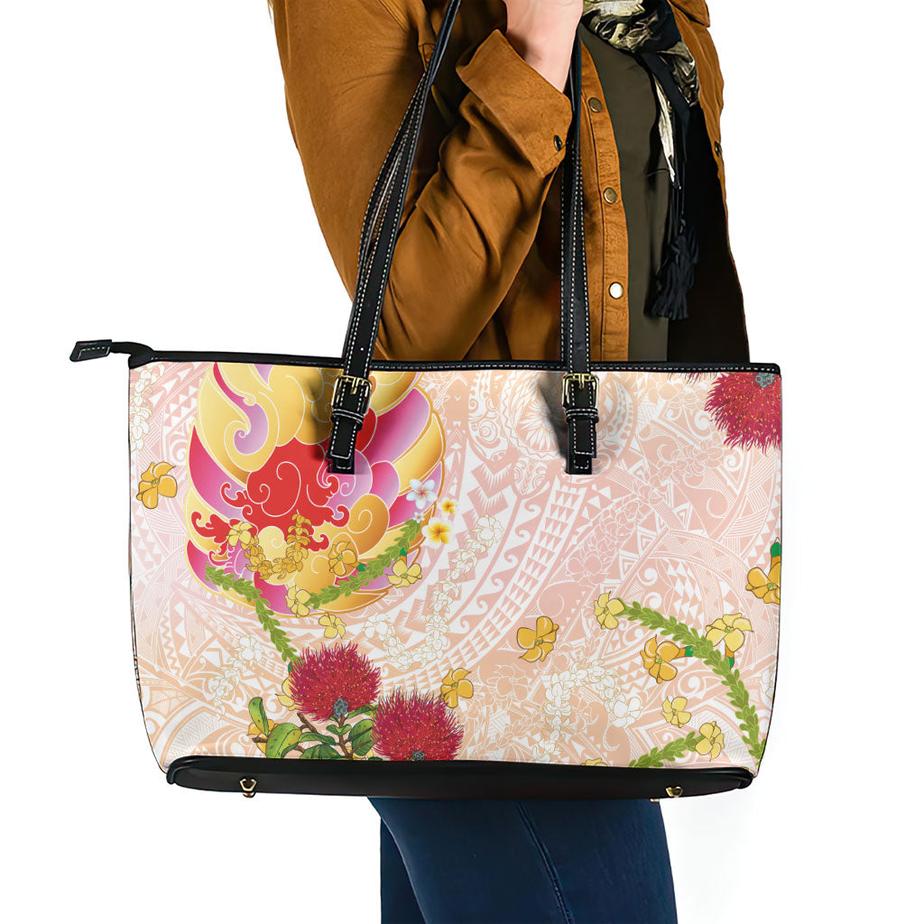 Japanese and Hawaiian Culture Fusion Leather Tote Bag Irezumi with Turtles and Lei Kakau Pattern Sunset Vibe