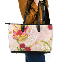 Japanese and Hawaiian Culture Fusion Leather Tote Bag Irezumi with Turtles and Lei Kakau Pattern Sunset Vibe