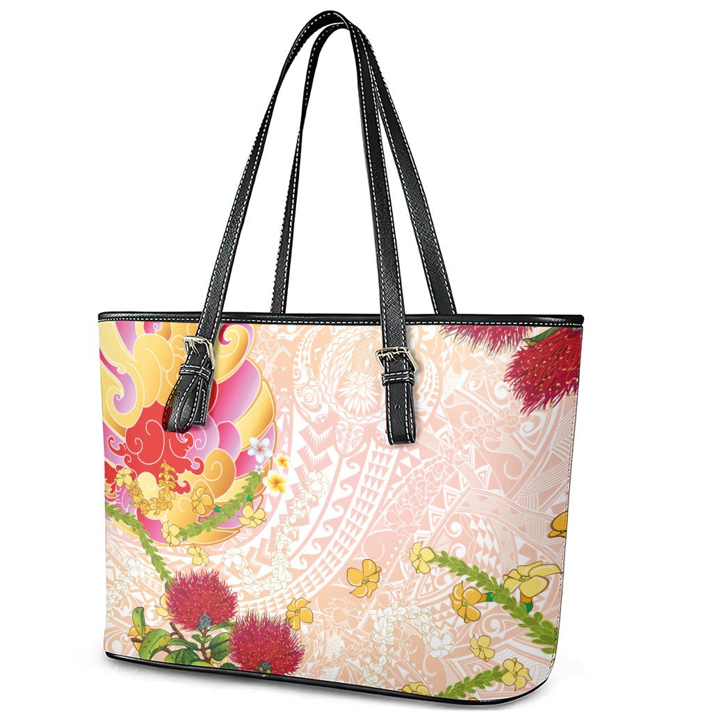 Japanese and Hawaiian Culture Fusion Leather Tote Bag Irezumi with Turtles and Lei Kakau Pattern Sunset Vibe