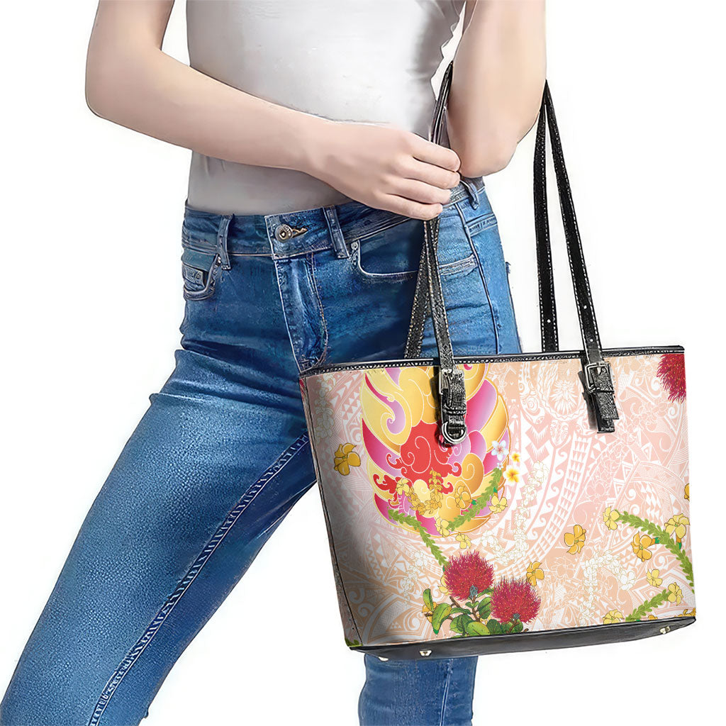 Japanese and Hawaiian Culture Fusion Leather Tote Bag Irezumi with Turtles and Lei Kakau Pattern Sunset Vibe