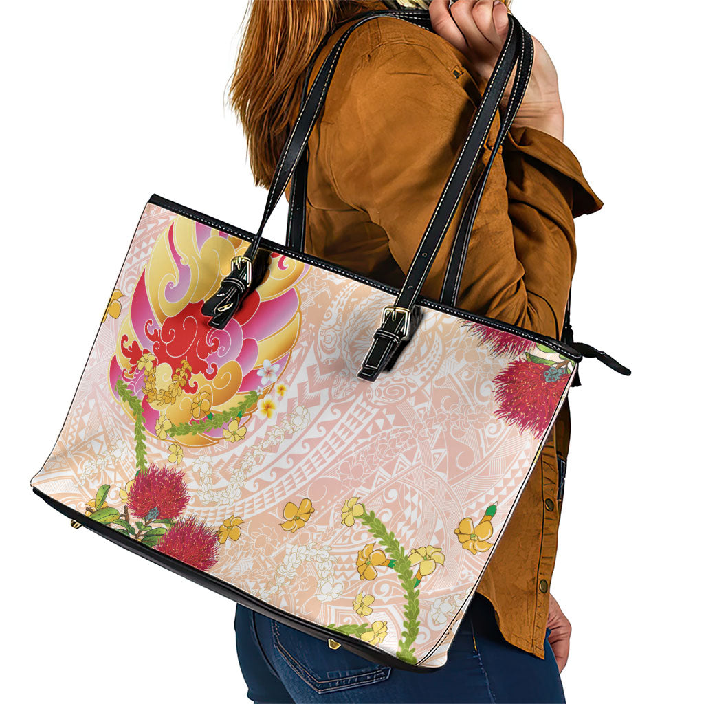 Japanese and Hawaiian Culture Fusion Leather Tote Bag Irezumi with Turtles and Lei Kakau Pattern Sunset Vibe