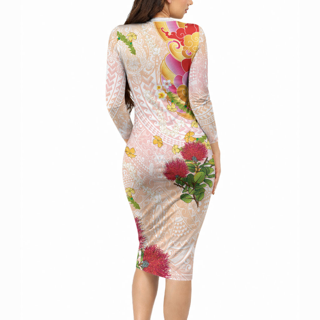 Japanese and Hawaiian Culture Fusion Long Sleeve Bodycon Dress Irezumi with Turtles and Lei Kakau Pattern Sunset Vibe