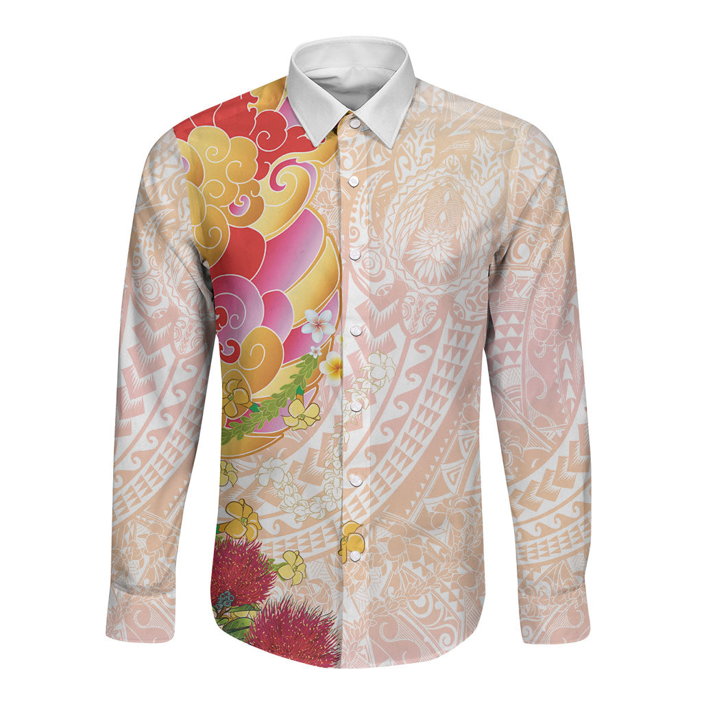 Japanese and Hawaiian Culture Fusion Long Sleeve Button Shirt Irezumi with Turtles and Lei Kakau Pattern Sunset Vibe LT03 Unisex Multicolor - Polynesian Pride