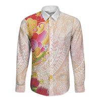 Japanese and Hawaiian Culture Fusion Long Sleeve Button Shirt Irezumi with Turtles and Lei Kakau Pattern Sunset Vibe