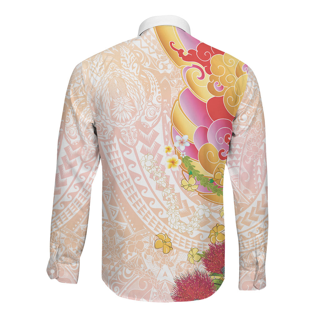 Japanese and Hawaiian Culture Fusion Long Sleeve Button Shirt Irezumi with Turtles and Lei Kakau Pattern Sunset Vibe