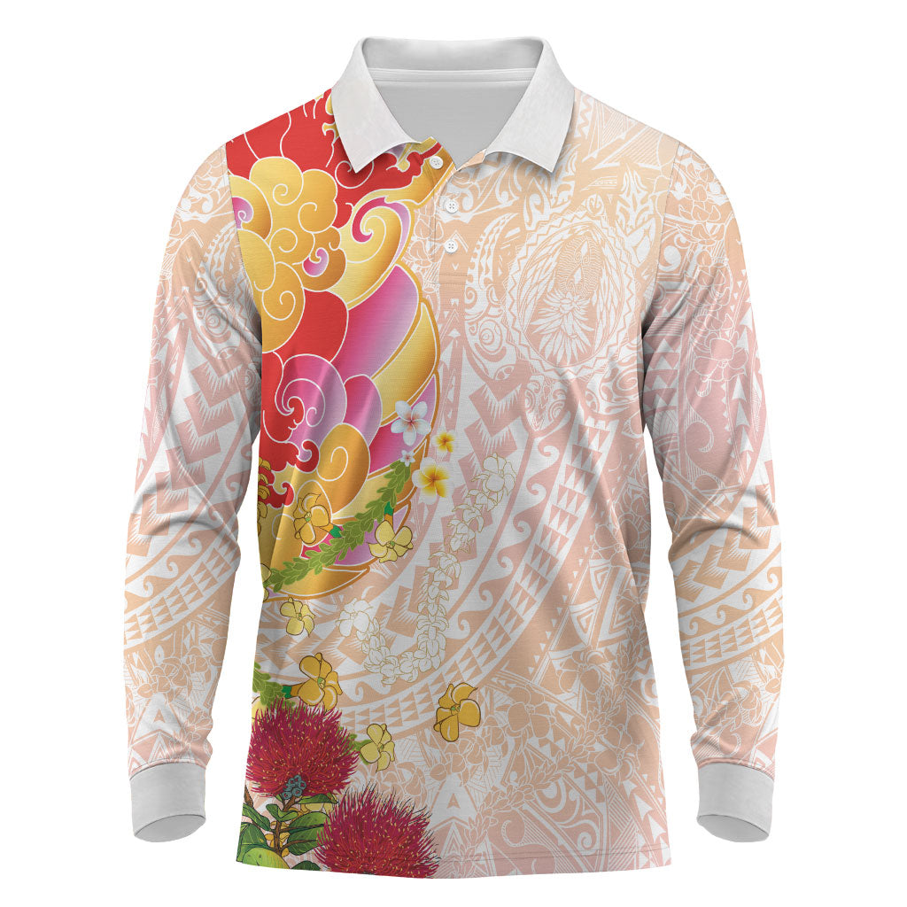 Japanese and Hawaiian Culture Fusion Long Sleeve Polo Shirt Irezumi with Turtles and Lei Kakau Pattern Sunset Vibe LT03 Multicolor - Polynesian Pride