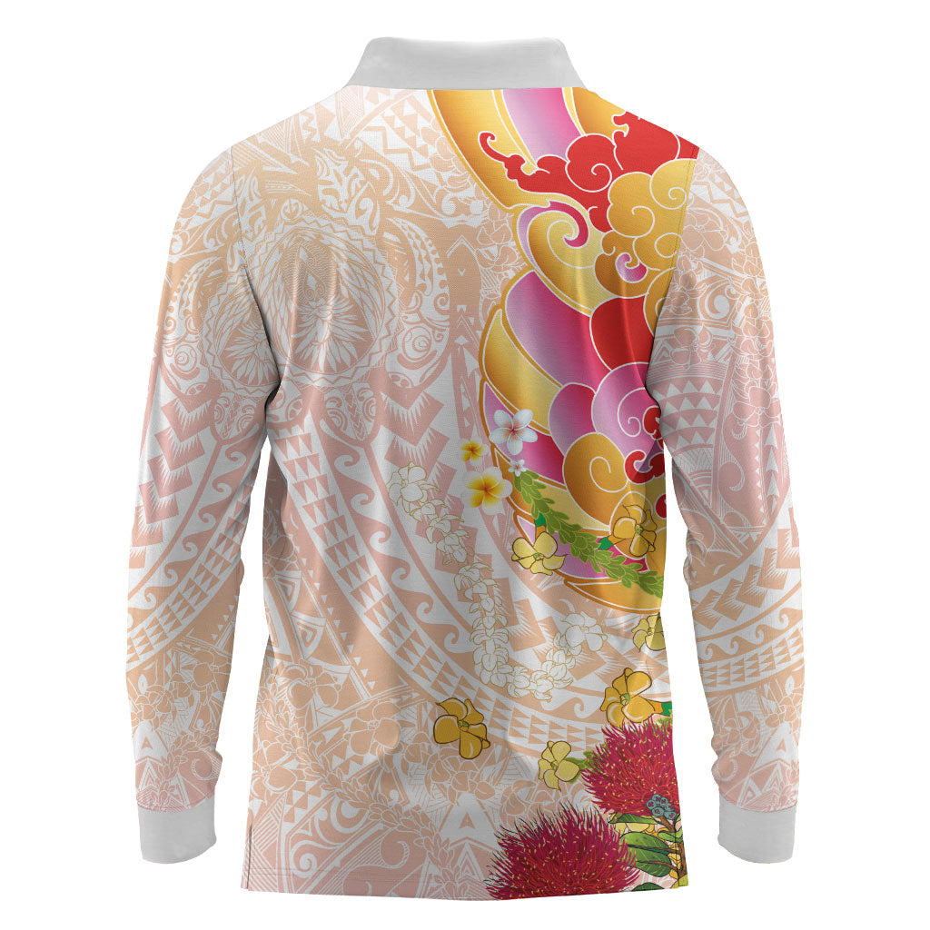 Japanese and Hawaiian Culture Fusion Long Sleeve Polo Shirt Irezumi with Turtles and Lei Kakau Pattern Sunset Vibe