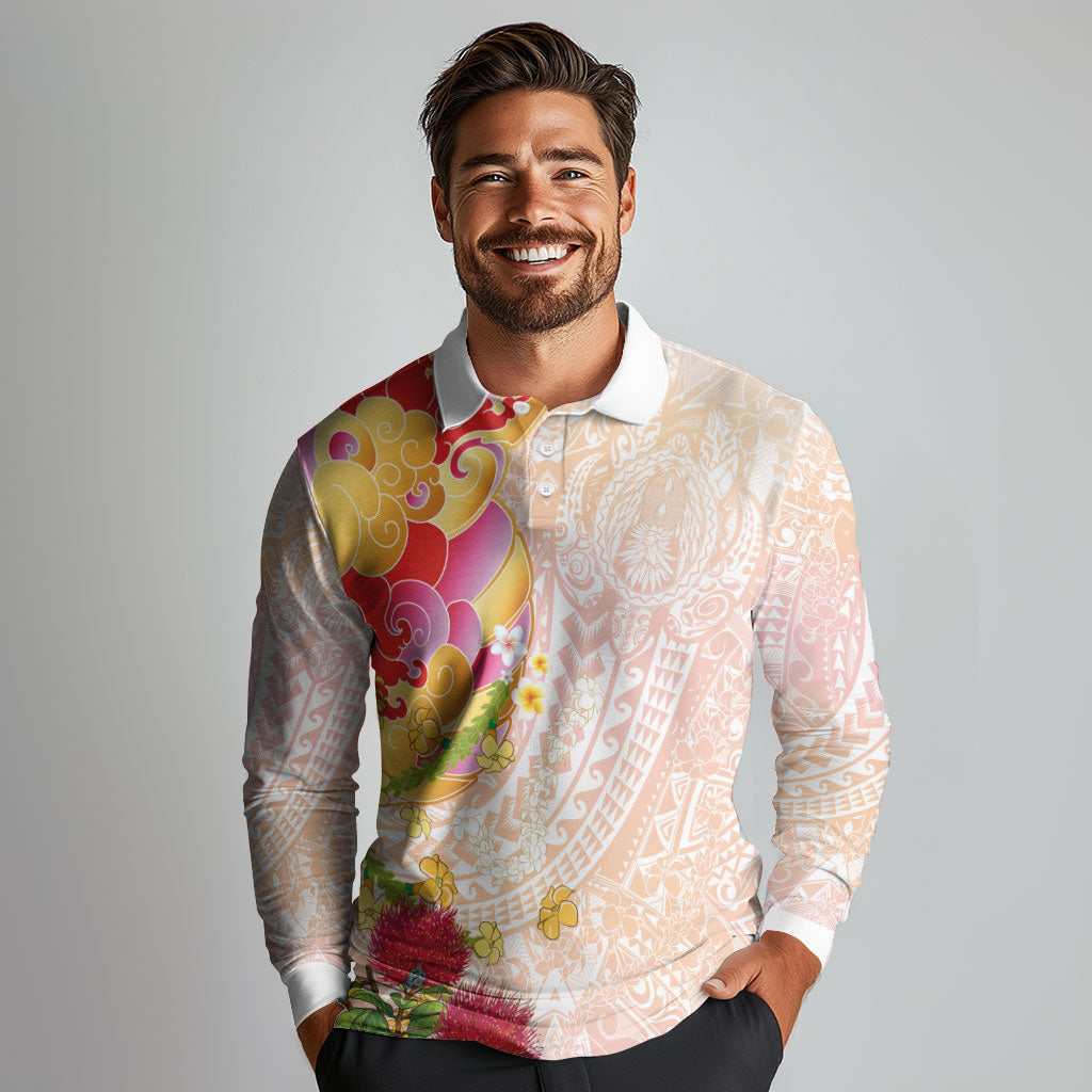 Japanese and Hawaiian Culture Fusion Long Sleeve Polo Shirt Irezumi with Turtles and Lei Kakau Pattern Sunset Vibe
