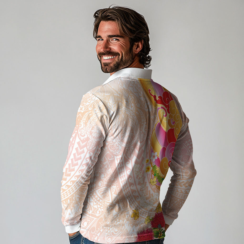 Japanese and Hawaiian Culture Fusion Long Sleeve Polo Shirt Irezumi with Turtles and Lei Kakau Pattern Sunset Vibe