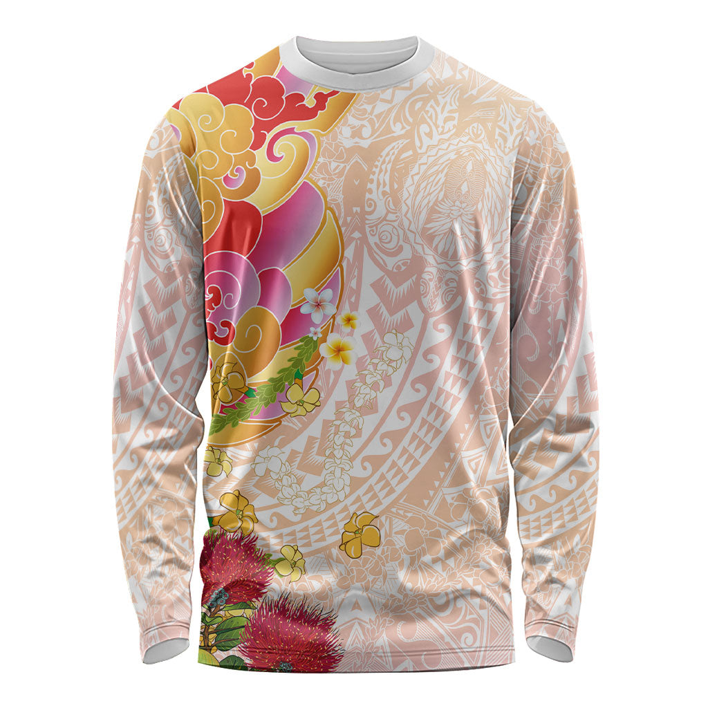 Japanese and Hawaiian Culture Fusion Long Sleeve Shirt Irezumi with Turtles and Lei Kakau Pattern Sunset Vibe
