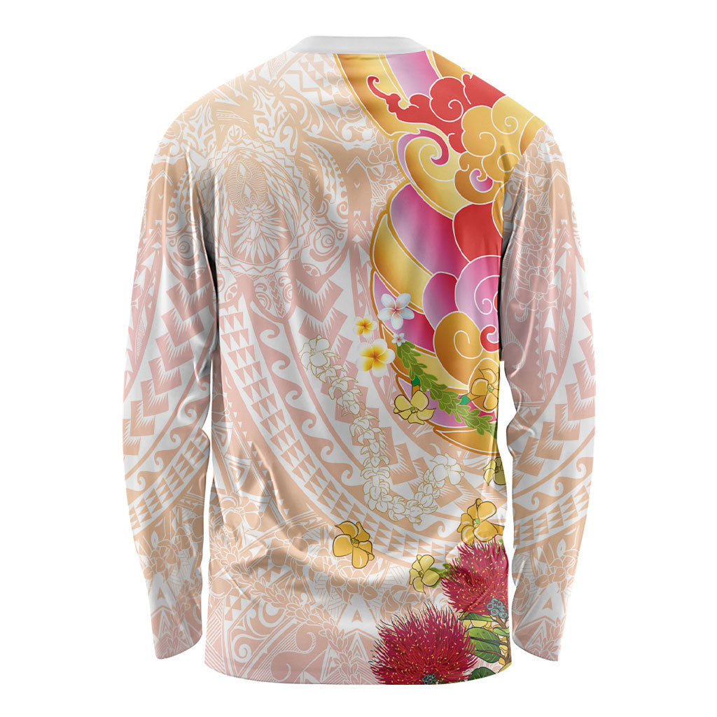 Japanese and Hawaiian Culture Fusion Long Sleeve Shirt Irezumi with Turtles and Lei Kakau Pattern Sunset Vibe