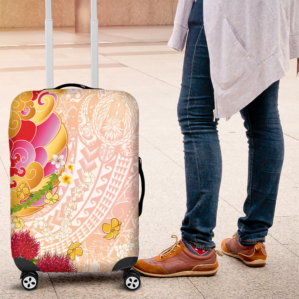 Japanese and Hawaiian Culture Fusion Luggage Cover Irezumi with Turtles and Lei Kakau Pattern Sunset Vibe