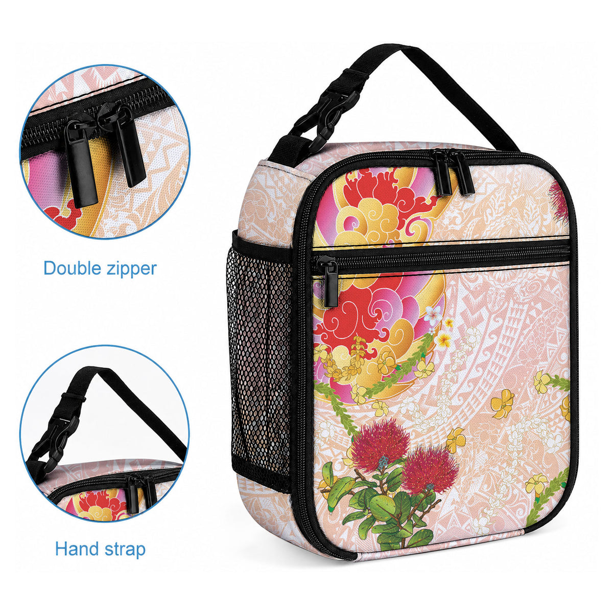 Japanese and Hawaiian Culture Fusion Lunch Bag Irezumi with Turtles and Lei Kakau Pattern Sunset Vibe