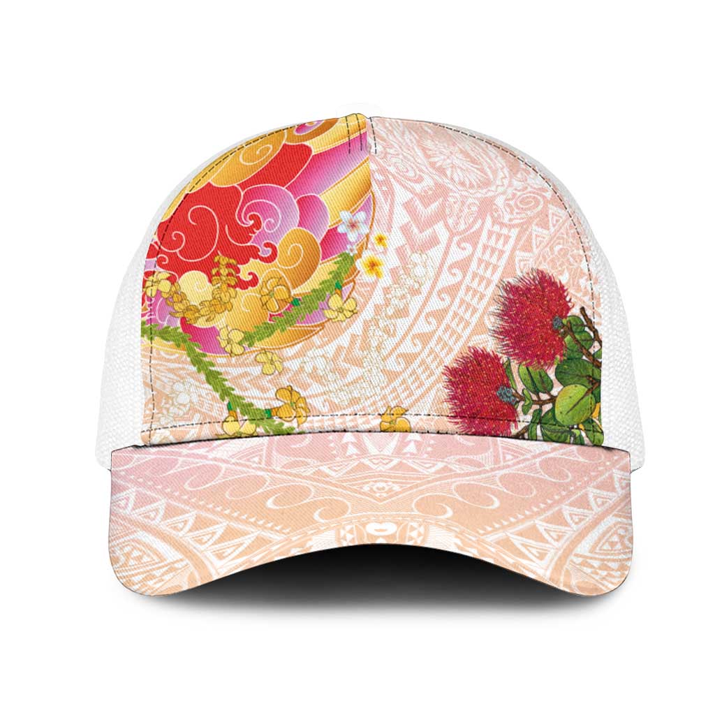 Japanese and Hawaiian Culture Fusion Mesh Trucker Cap Irezumi with Turtles and Lei Kakau Pattern Sunset Vibe