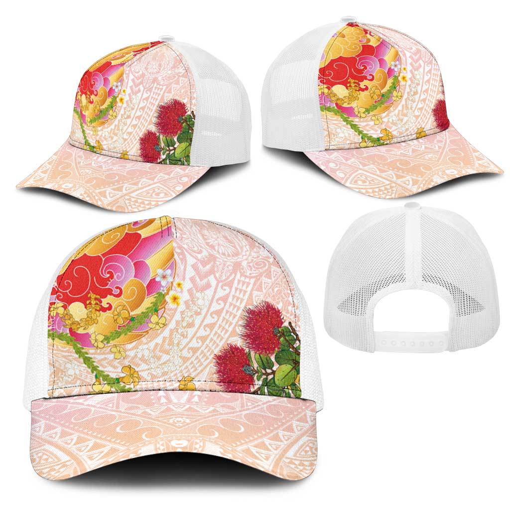 Japanese and Hawaiian Culture Fusion Mesh Trucker Cap Irezumi with Turtles and Lei Kakau Pattern Sunset Vibe