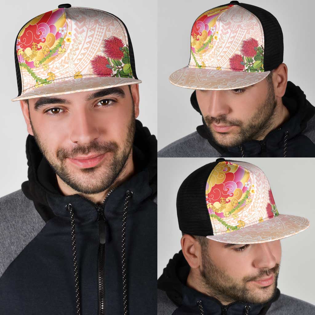 Japanese and Hawaiian Culture Fusion Mesh Trucker Cap Irezumi with Turtles and Lei Kakau Pattern Sunset Vibe