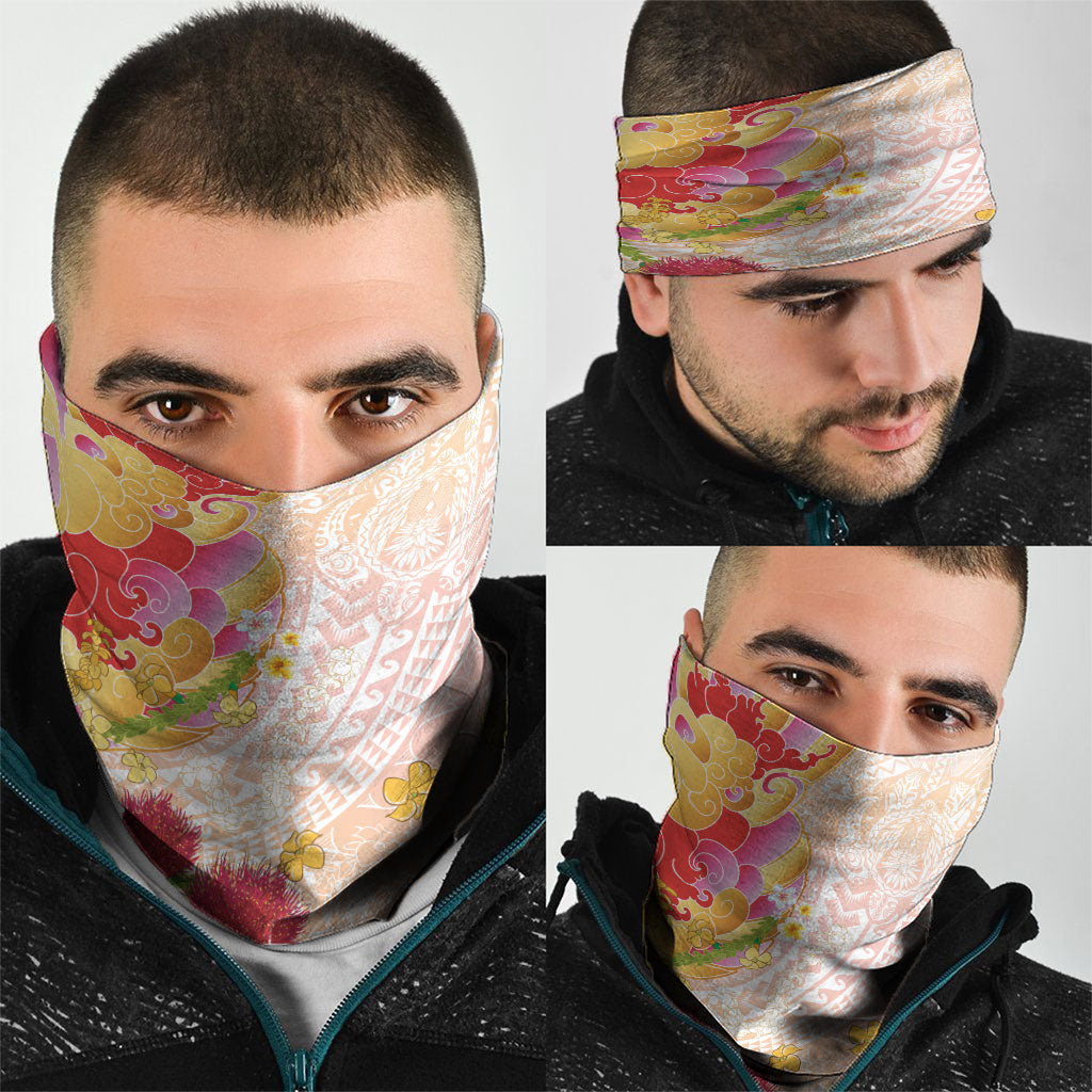 Japanese and Hawaiian Culture Fusion Neck Gaiter Irezumi with Turtles and Lei Kakau Pattern Sunset Vibe