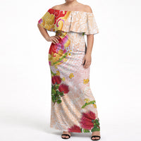 Japanese and Hawaiian Culture Fusion Off Shoulder Maxi Dress Irezumi with Turtles and Lei Kakau Pattern Sunset Vibe