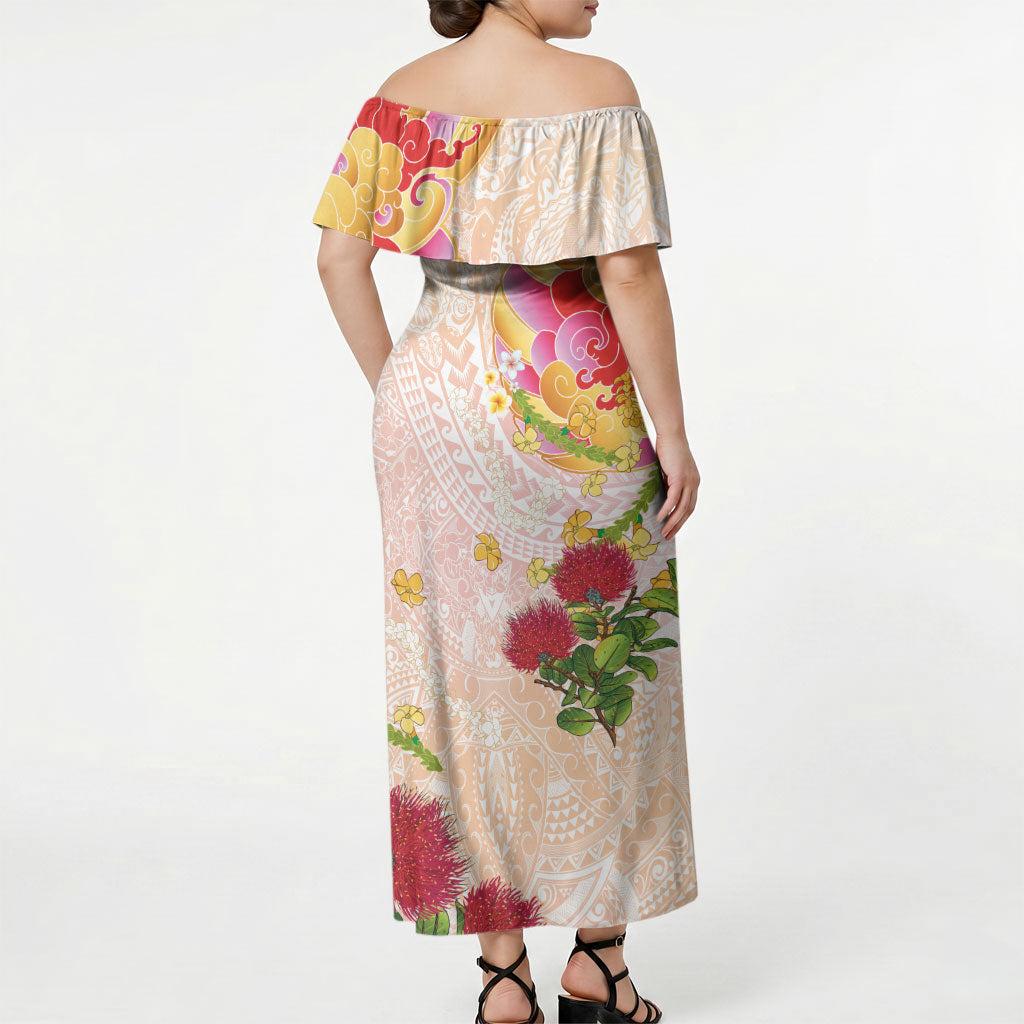Japanese and Hawaiian Culture Fusion Off Shoulder Maxi Dress Irezumi with Turtles and Lei Kakau Pattern Sunset Vibe