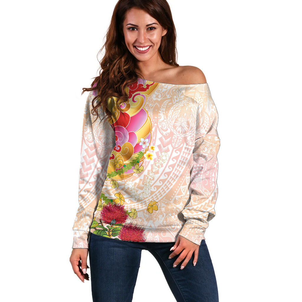 Japanese and Hawaiian Culture Fusion Off Shoulder Sweater Irezumi with Turtles and Lei Kakau Pattern Sunset Vibe