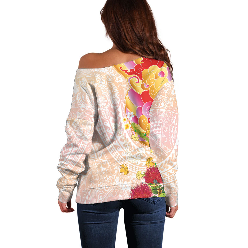 Japanese and Hawaiian Culture Fusion Off Shoulder Sweater Irezumi with Turtles and Lei Kakau Pattern Sunset Vibe