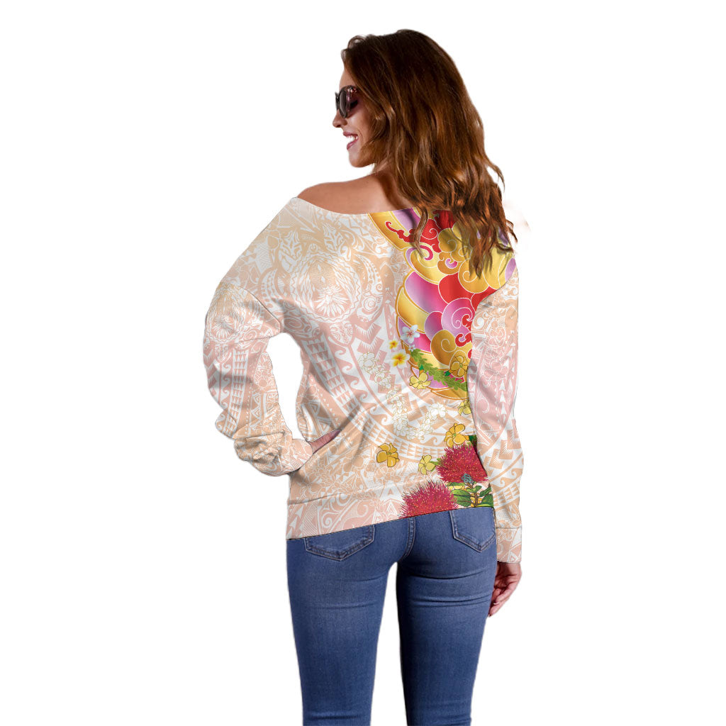 Japanese and Hawaiian Culture Fusion Off Shoulder Sweater Irezumi with Turtles and Lei Kakau Pattern Sunset Vibe
