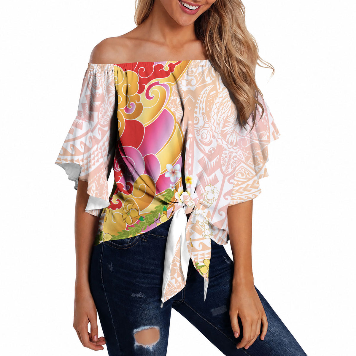 Japanese and Hawaiian Culture Fusion Off Shoulder Wrap Waist Top Irezumi with Turtles and Lei Kakau Pattern Sunset Vibe
