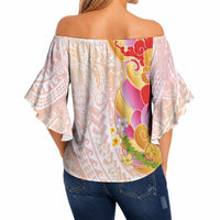 Japanese and Hawaiian Culture Fusion Off Shoulder Wrap Waist Top Irezumi with Turtles and Lei Kakau Pattern Sunset Vibe