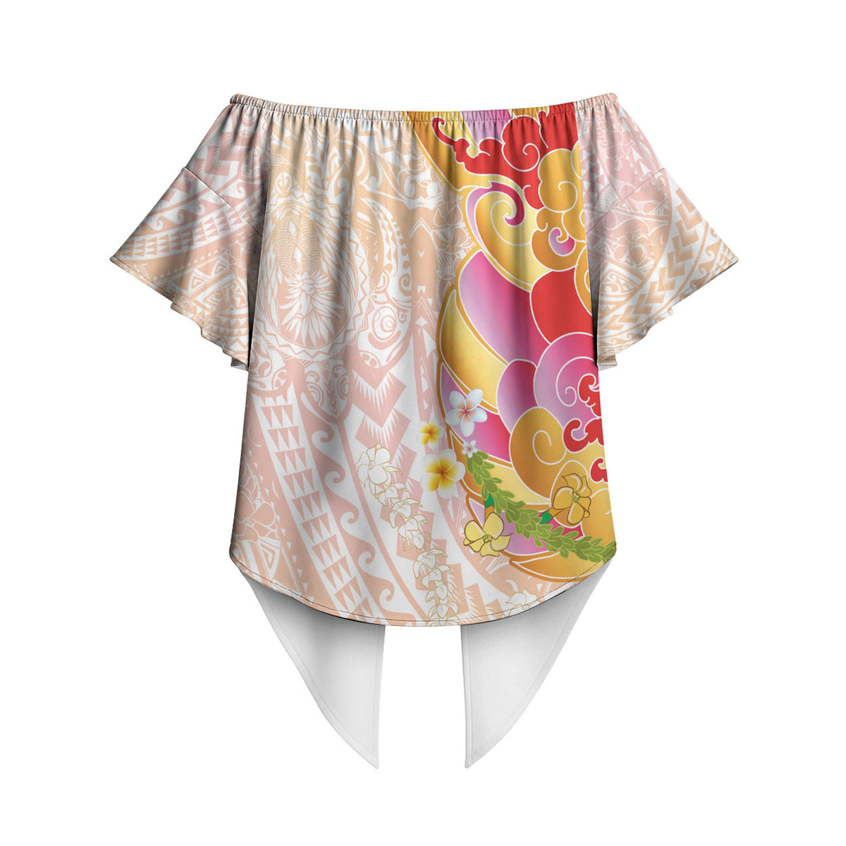 Japanese and Hawaiian Culture Fusion Off Shoulder Wrap Waist Top Irezumi with Turtles and Lei Kakau Pattern Sunset Vibe