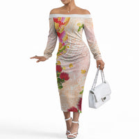 Japanese and Hawaiian Culture Fusion Off The Shoulder Long Sleeve Dress Irezumi with Turtles and Lei Kakau Pattern Sunset Vibe