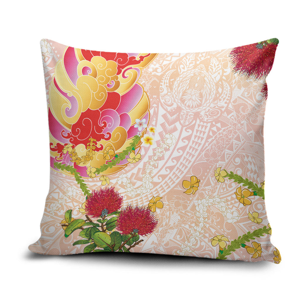 Japanese and Hawaiian Culture Fusion Pillow Cover Irezumi with Turtles and Lei Kakau Pattern Sunset Vibe
