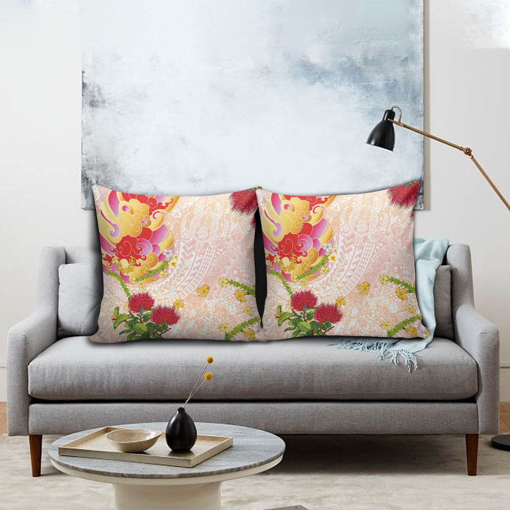 Japanese and Hawaiian Culture Fusion Pillow Cover Irezumi with Turtles and Lei Kakau Pattern Sunset Vibe