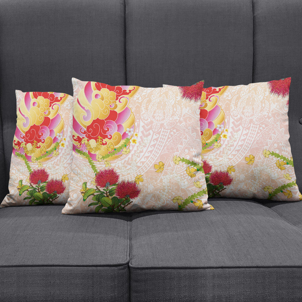 Japanese and Hawaiian Culture Fusion Pillow Cover Irezumi with Turtles and Lei Kakau Pattern Sunset Vibe