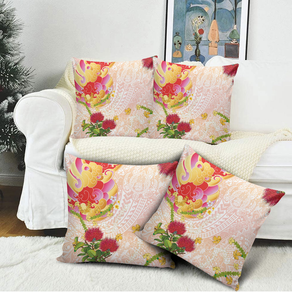 Japanese and Hawaiian Culture Fusion Pillow Cover Irezumi with Turtles and Lei Kakau Pattern Sunset Vibe