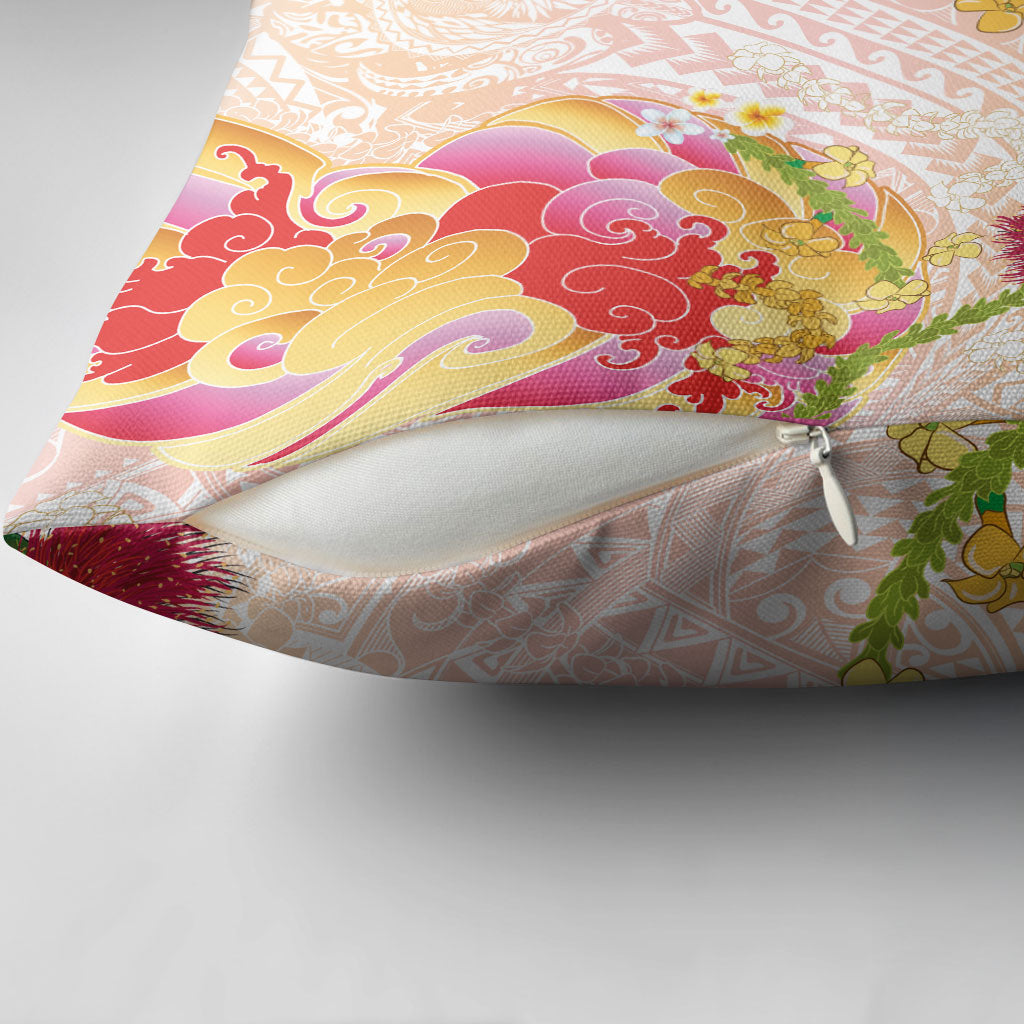 Japanese and Hawaiian Culture Fusion Pillow Cover Irezumi with Turtles and Lei Kakau Pattern Sunset Vibe