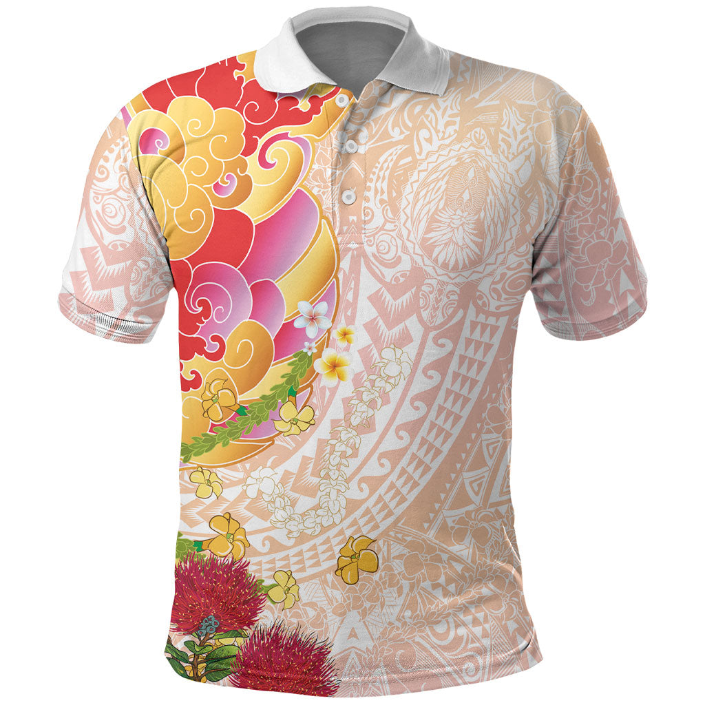 Japanese and Hawaiian Culture Fusion Polo Shirt Irezumi with Turtles and Lei Kakau Pattern Sunset Vibe LT03 Multicolor - Polynesian Pride