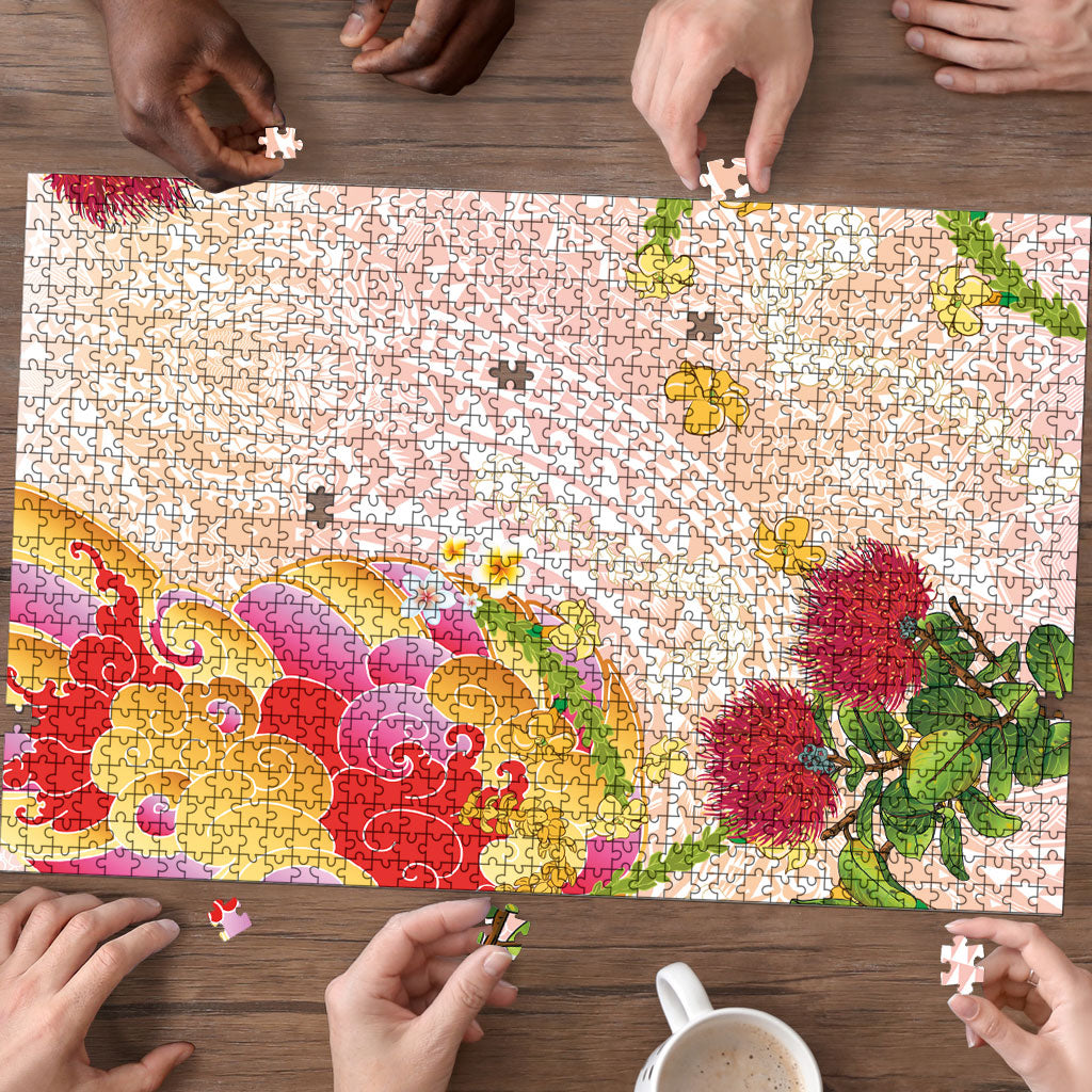 Japanese and Hawaiian Culture Fusion Puzzle Irezumi with Turtles and Lei Kakau Pattern Sunset Vibe