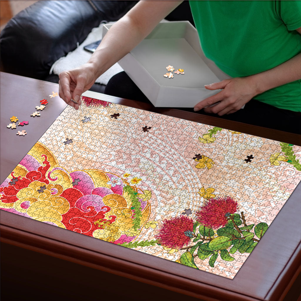 Japanese and Hawaiian Culture Fusion Puzzle Irezumi with Turtles and Lei Kakau Pattern Sunset Vibe