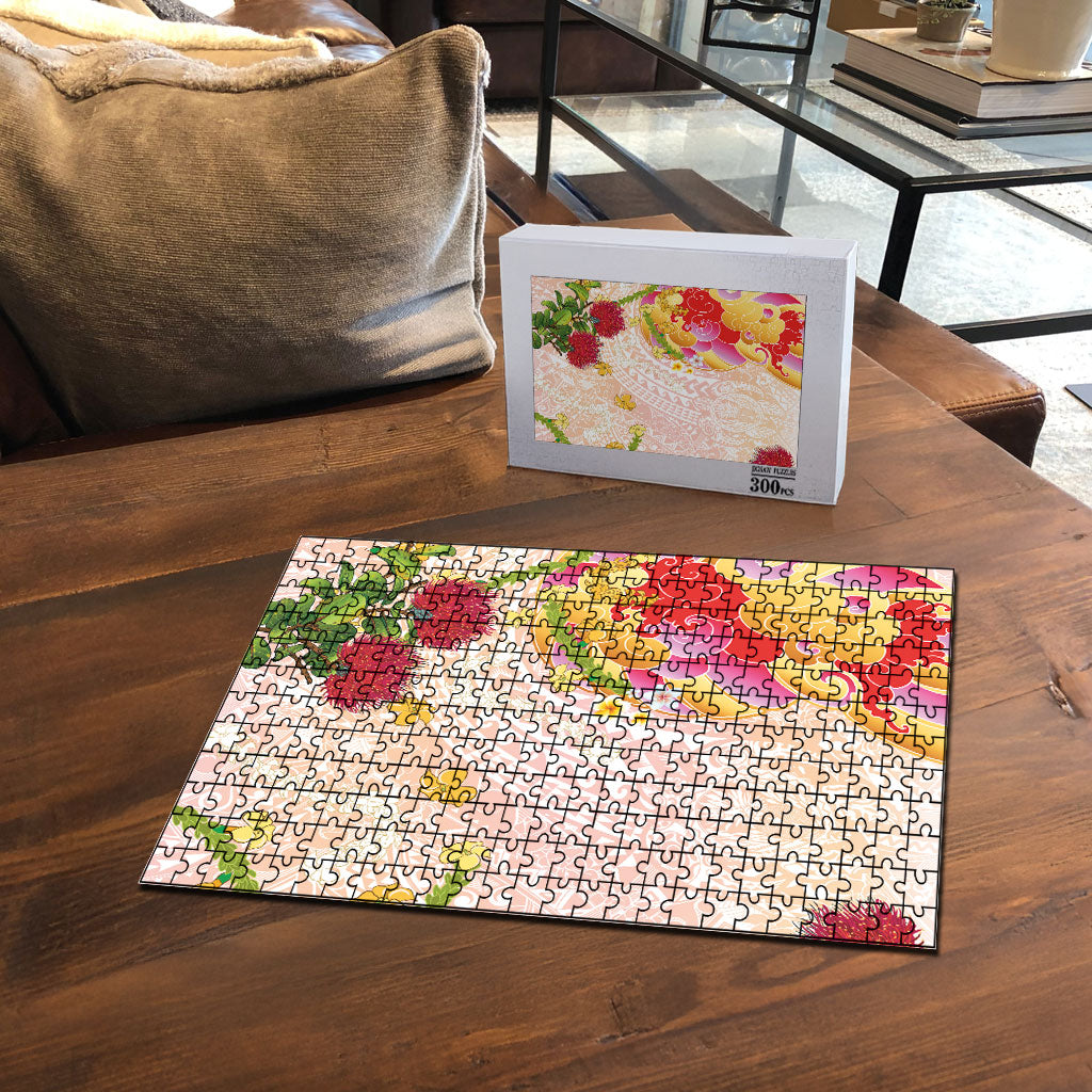Japanese and Hawaiian Culture Fusion Puzzle Irezumi with Turtles and Lei Kakau Pattern Sunset Vibe