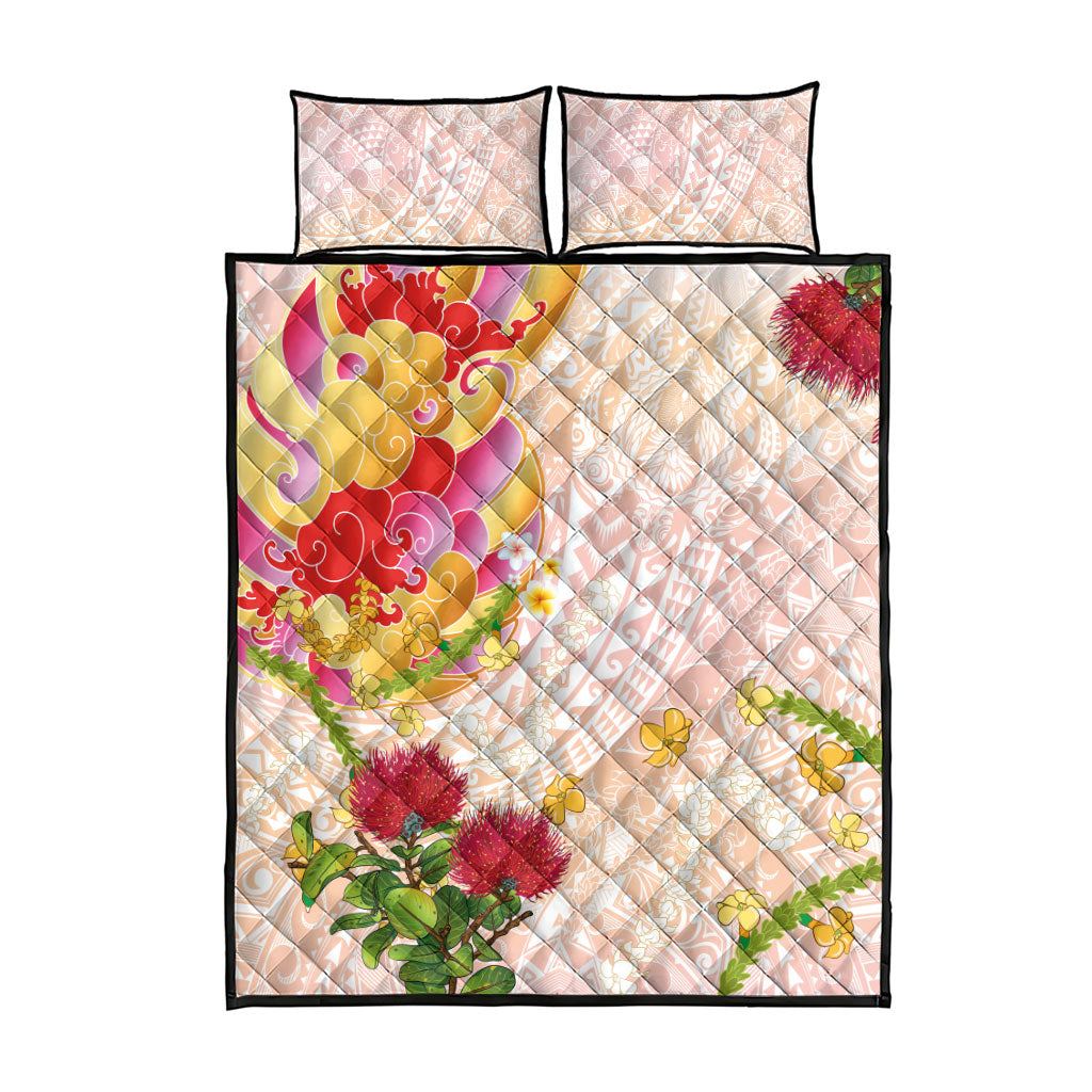 Japanese and Hawaiian Culture Fusion Quilt Bed Set Irezumi with Turtles and Lei Kakau Pattern Sunset Vibe