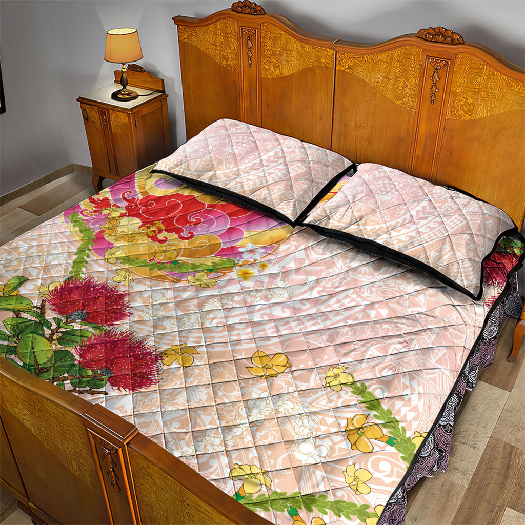 Japanese and Hawaiian Culture Fusion Quilt Bed Set Irezumi with Turtles and Lei Kakau Pattern Sunset Vibe