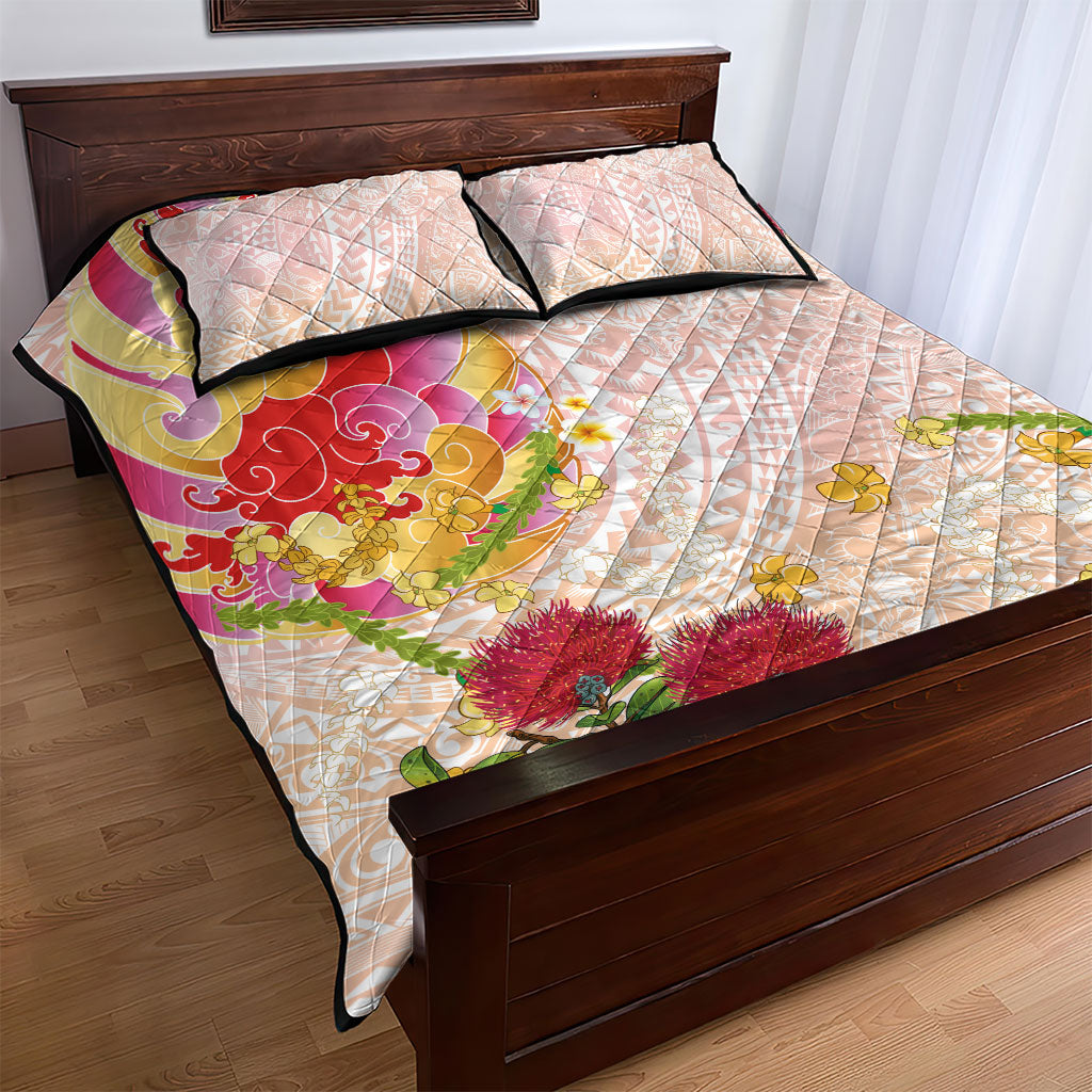 Japanese and Hawaiian Culture Fusion Quilt Bed Set Irezumi with Turtles and Lei Kakau Pattern Sunset Vibe