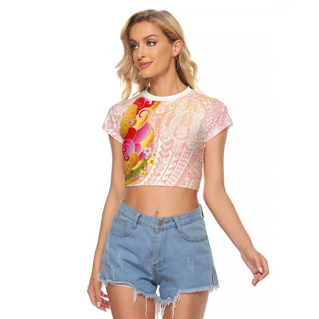 Japanese and Hawaiian Culture Fusion Raglan Cropped T Shirt Irezumi with Turtles and Lei Kakau Pattern Sunset Vibe