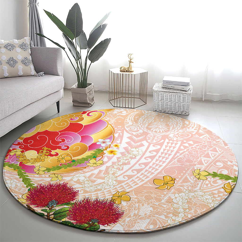 Japanese and Hawaiian Culture Fusion Round Carpet Irezumi with Turtles and Lei Kakau Pattern Sunset Vibe