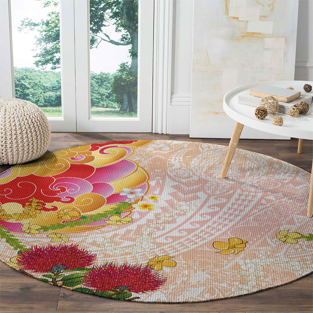 Japanese and Hawaiian Culture Fusion Round Carpet Irezumi with Turtles and Lei Kakau Pattern Sunset Vibe